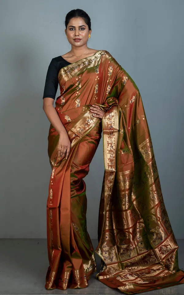 Hand_Woven_Swarnachari_Pure_Silk_Saree_In_Sienna_Brown_With_Greenish_Tinge_Navy_Blue_And_Matt_Gold