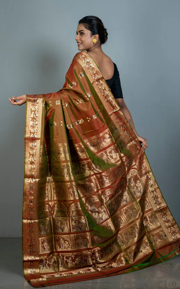 Hand_Woven_Swarnachari_Pure_Silk_Saree_In_Sienna_Brown_With_Greenish_Tinge_Navy_Blue_And_Matt_Gold