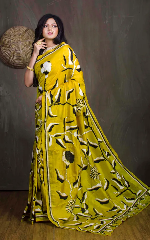 Hand_Embroidery_Blended_Silk_Kantha_Work_Saree_In_Bright_Yellow_Black_And_Off_White_Thread_Work