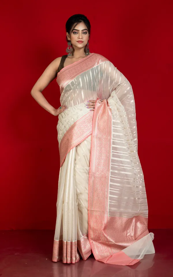 Designer_Kora_Organza_Silk_Banarasi_Saree_In_Ecru_White_And_Salmon_Pink