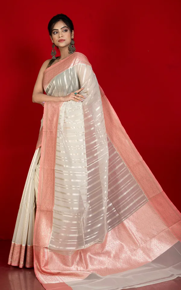 Designer_Kora_Organza_Silk_Banarasi_Saree_In_Ecru_White_And_Salmon_Pink