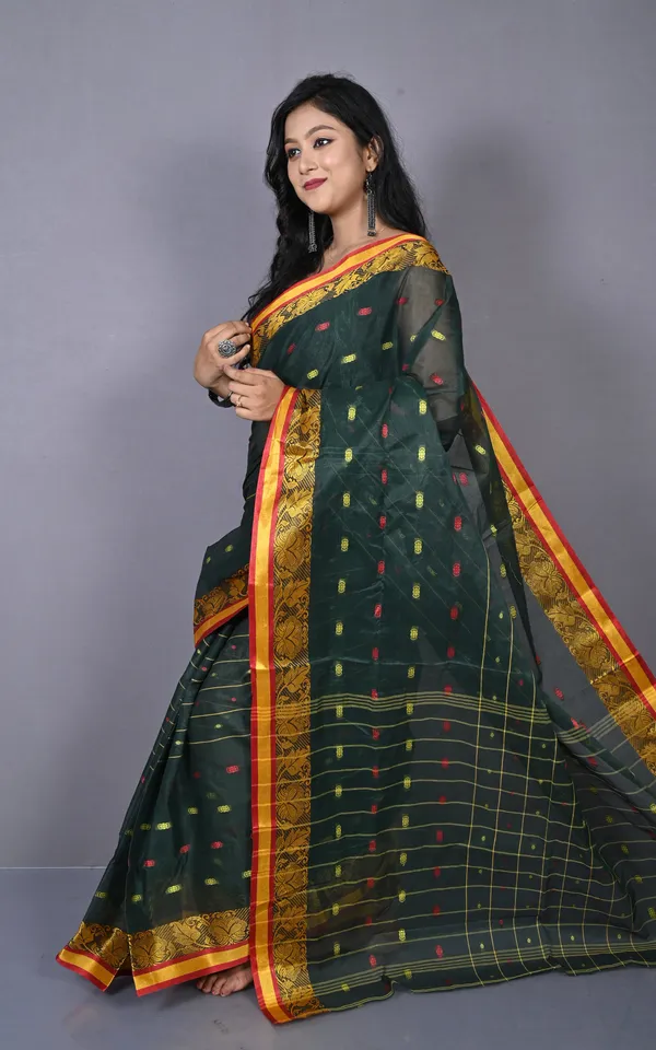 Floral_Nakshi_Work_Border_Bengal_Tangail_Hazar_Butti_Cotton_Saree_In_Timber_Green_And_Multicolor