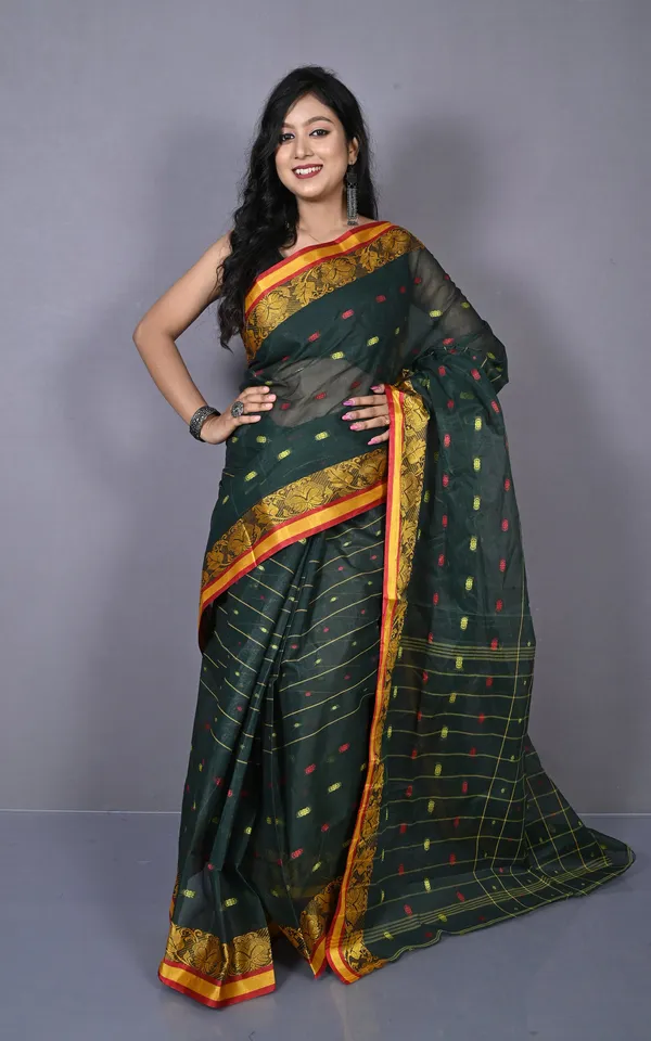 Floral_Nakshi_Work_Border_Bengal_Tangail_Hazar_Butti_Cotton_Saree_In_Timber_Green_And_Multicolor