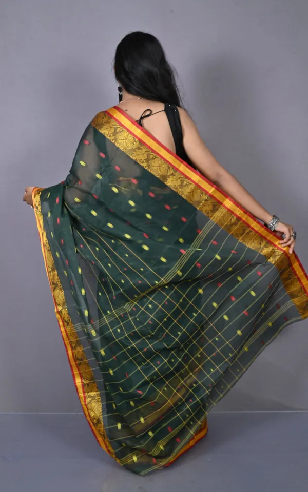 Floral_Nakshi_Work_Border_Bengal_Tangail_Hazar_Butti_Cotton_Saree_In_Timber_Green_And_Multicolor