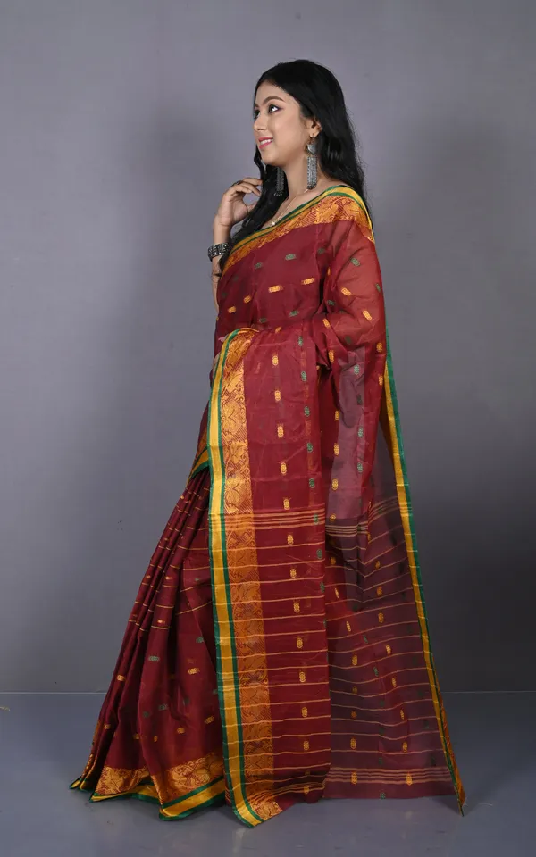 Floral_Nakshi_Work_Border_Bengal_Tangail_Hazar_Butti_Cotton_Saree_In_Maroon_And_Multicolor