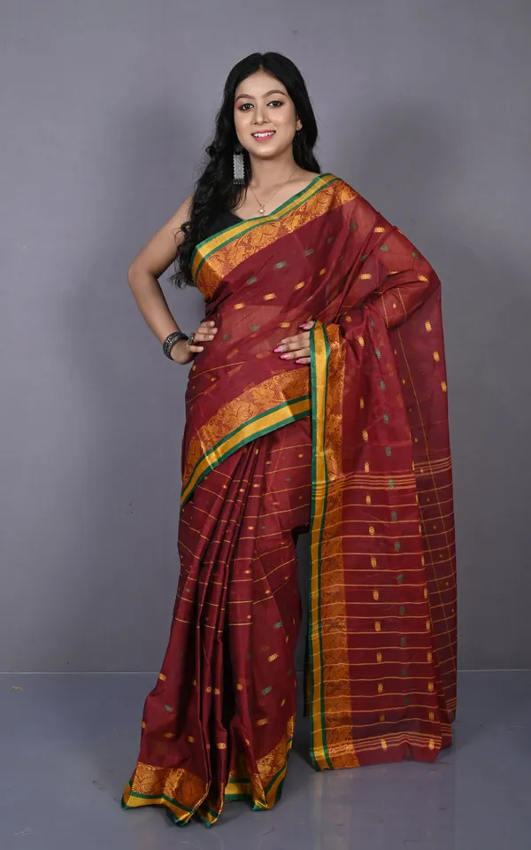 Floral_Nakshi_Work_Border_Bengal_Tangail_Hazar_Butti_Cotton_Saree_In_Maroon_And_Multicolor