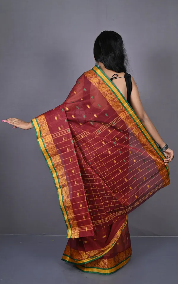 Floral_Nakshi_Work_Border_Bengal_Tangail_Hazar_Butti_Cotton_Saree_In_Maroon_And_Multicolor