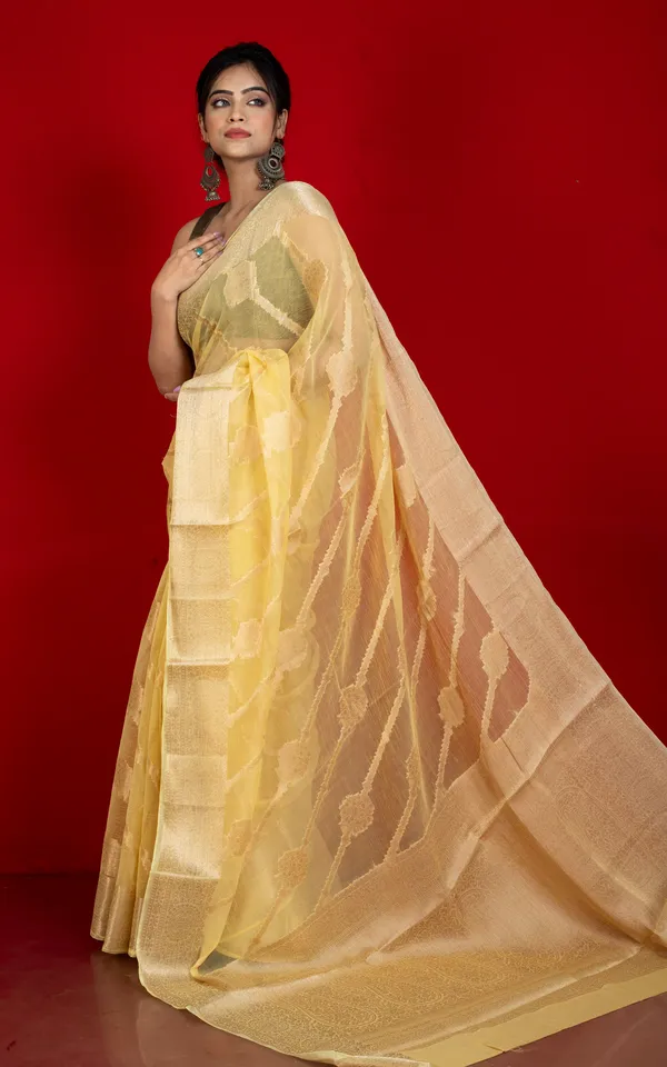Soft_And_Fine_Crushed_Aara_Nakshi_Work_Semi_Georgette_Banarasi_Saree_In_Pastel_Yellow_And_Matte_Gold