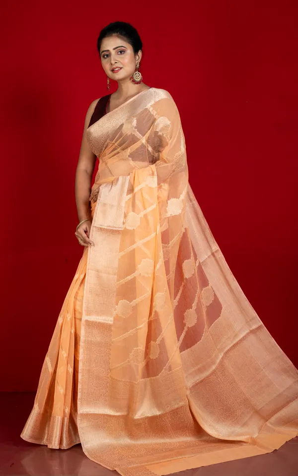 Soft_And_Fine_Crushed_Aara_Nakshi_Work_Semi_Georgette_Banarasi_Saree_In_Peach_And_Matte_Gold