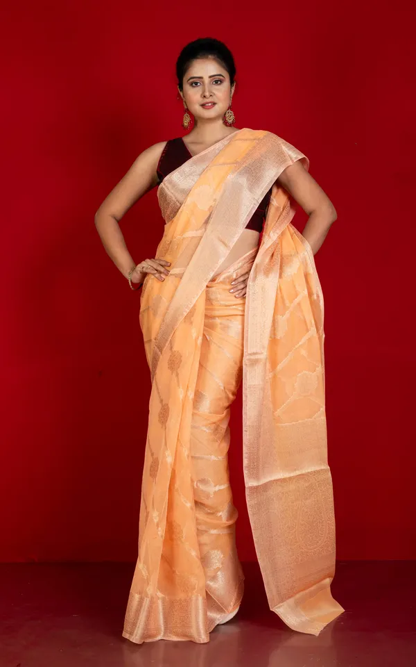 Soft_And_Fine_Crushed_Aara_Nakshi_Work_Semi_Georgette_Banarasi_Saree_In_Peach_And_Matte_Gold