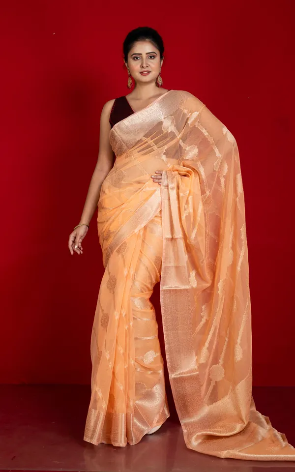 Soft_And_Fine_Crushed_Aara_Nakshi_Work_Semi_Georgette_Banarasi_Saree_In_Peach_And_Matte_Gold