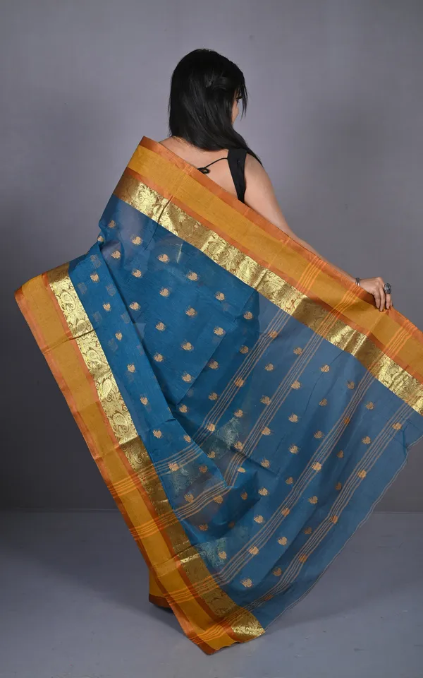 Designer_Matta_Border_Bengal_Tangail_Hazar_Butti_Cotton_Saree_In_Denim_And_Brownish_Orange