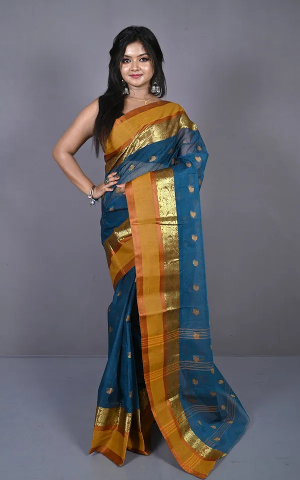 Designer_Matta_Border_Bengal_Tangail_Hazar_Butti_Cotton_Saree_In_Denim_And_Brownish_Orange