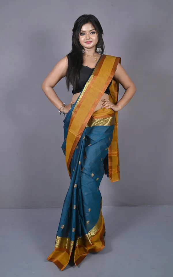 Designer_Matta_Border_Bengal_Tangail_Hazar_Butti_Cotton_Saree_In_Denim_And_Brownish_Orange