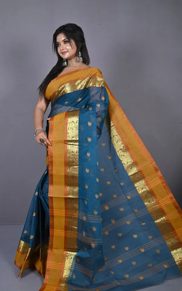 Designer_Matta_Border_Bengal_Tangail_Hazar_Butti_Cotton_Saree_In_Denim_And_Brownish_Orange