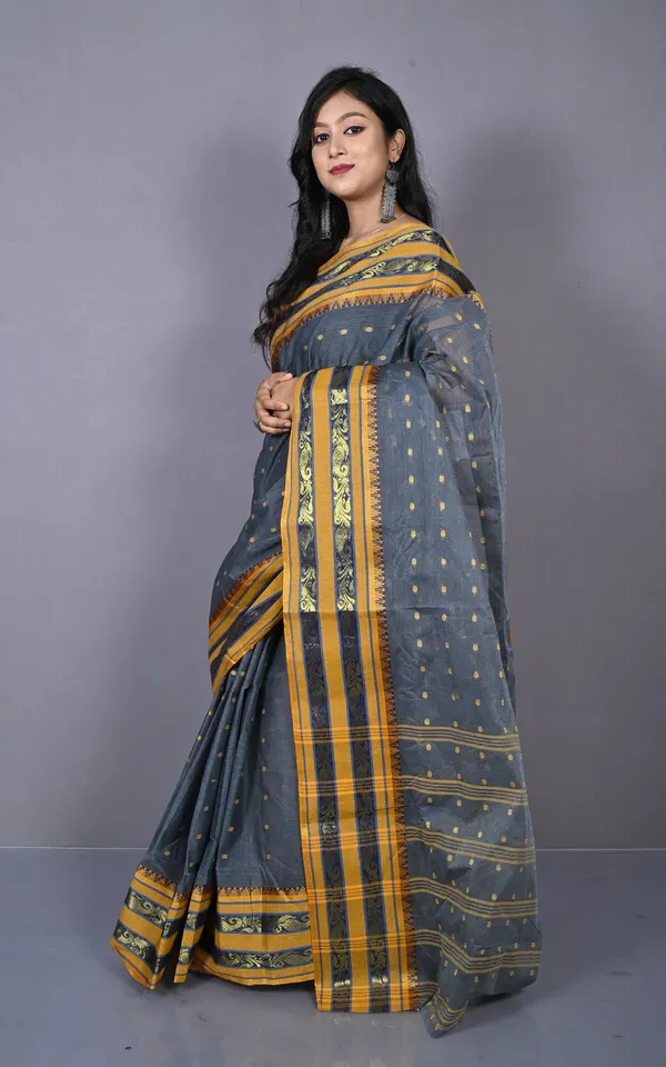 Designer_Metro_Nakshi_Border_Bengal_Tangail_Hazar_Butti_Cotton_Saree_In_Davy_Grey_And_Reef_Gold