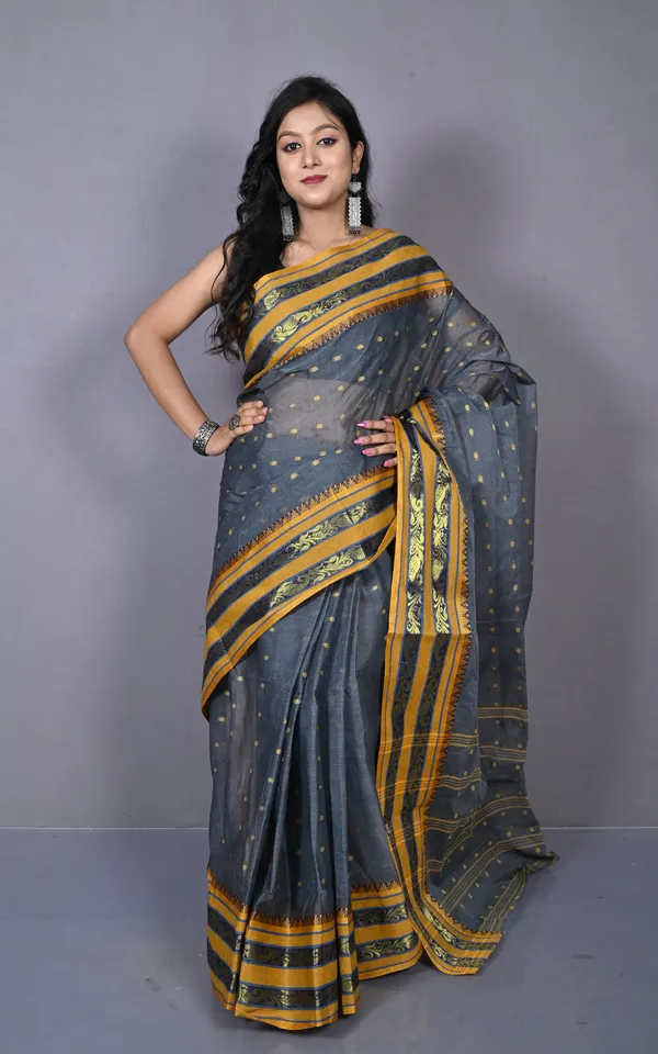 Designer_Metro_Nakshi_Border_Bengal_Tangail_Hazar_Butti_Cotton_Saree_In_Davy_Grey_And_Reef_Gold