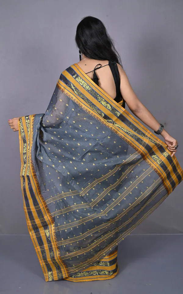 Designer_Metro_Nakshi_Border_Bengal_Tangail_Hazar_Butti_Cotton_Saree_In_Davy_Grey_And_Reef_Gold
