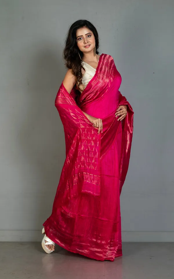 Premium_Quality_Pencil_Border_And_Trigon_Pallu_Work_Matka_Tussar_Silk_Saree_In_Deep_Cerise_And_Antique_Golden