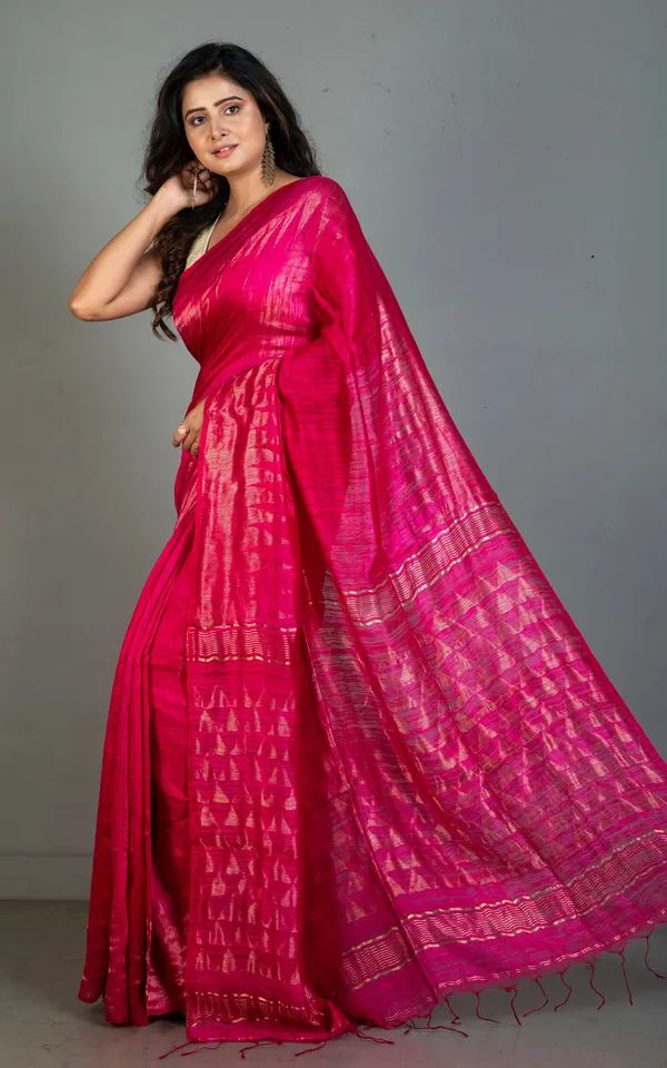 Premium_Quality_Pencil_Border_And_Trigon_Pallu_Work_Matka_Tussar_Silk_Saree_In_Deep_Cerise_And_Antique_Golden