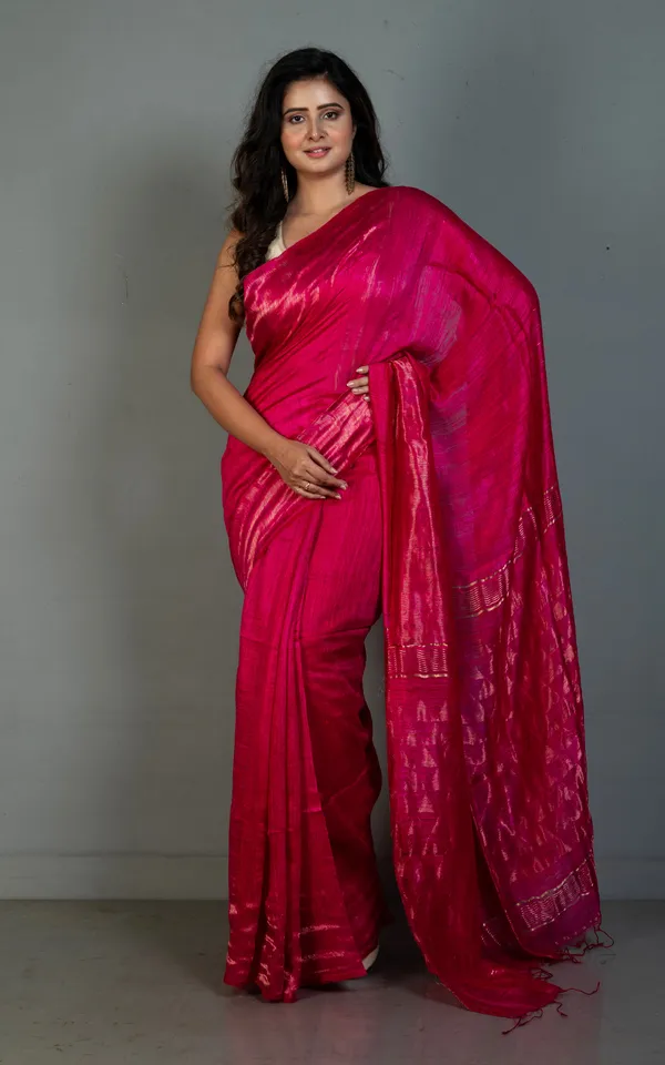 Premium_Quality_Pencil_Border_And_Trigon_Pallu_Work_Matka_Tussar_Silk_Saree_In_Deep_Cerise_And_Antique_Golden