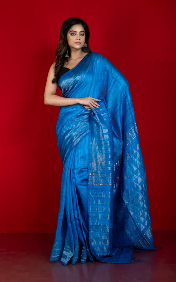 Premium_Quality_Pencil_Border_And_Trigon_Pallu_Work_Matka_Tussar_Silk_Saree_In_Pacific_Blue_And_Antique_Golden