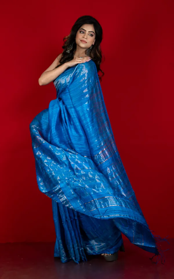 Premium_Quality_Pencil_Border_And_Trigon_Pallu_Work_Matka_Tussar_Silk_Saree_In_Pacific_Blue_And_Antique_Golden