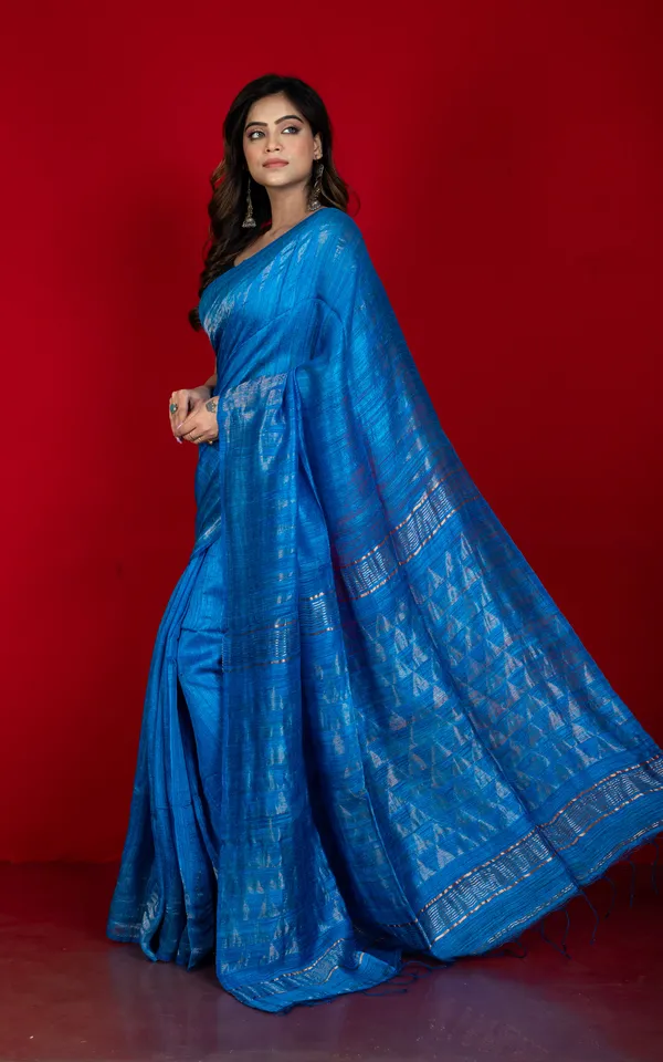 Premium_Quality_Pencil_Border_And_Trigon_Pallu_Work_Matka_Tussar_Silk_Saree_In_Pacific_Blue_And_Antique_Golden