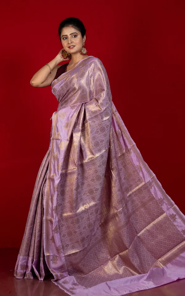 Tan_Chui_Work_Softy_Katan_Silk_Saree_In_Light_Lavender_And_Antique_Golden