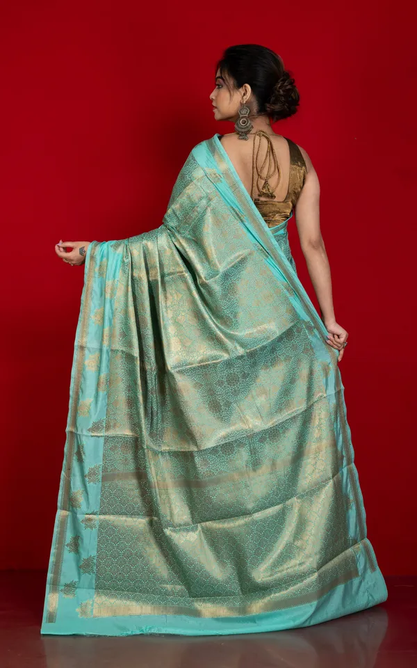 Tan_Chui_Work_Softy_Katan_Silk_Saree_In_Cyan_And_Antique_Golden