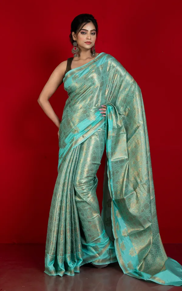 Tan_Chui_Work_Softy_Katan_Silk_Saree_In_Cyan_And_Antique_Golden