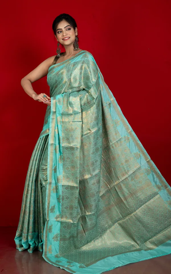 Tan_Chui_Work_Softy_Katan_Silk_Saree_In_Cyan_And_Antique_Golden
