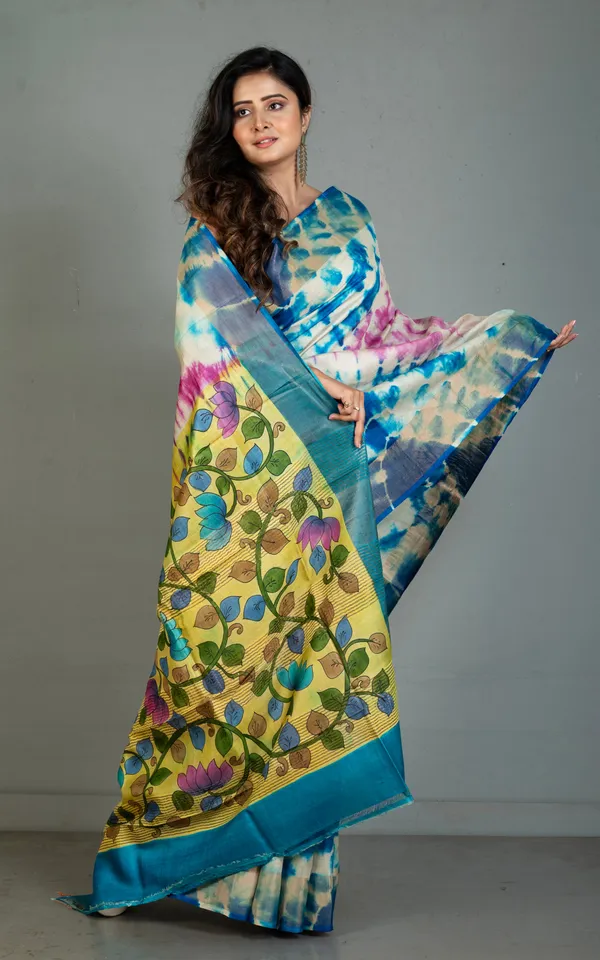 Shibori_Kalamkari_Soft_Tussar_Silk_Saree_In_Yale_Blue_Moon_Mist_Dark_Fuchsia_And_Multicolor