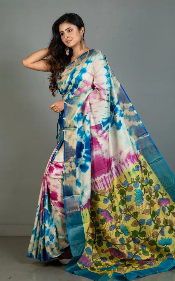 Shibori_Kalamkari_Soft_Tussar_Silk_Saree_In_Yale_Blue_Moon_Mist_Dark_Fuchsia_And_Multicolor