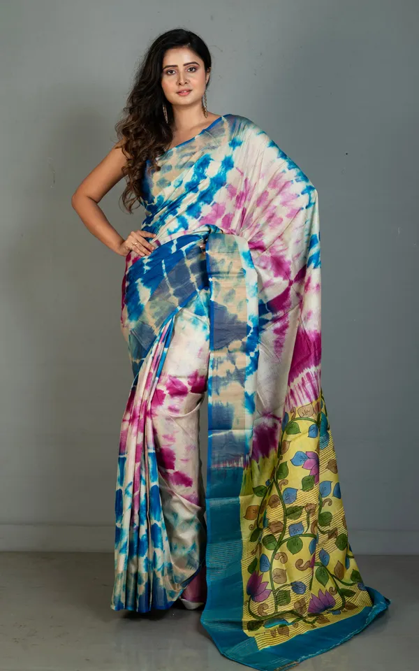 Shibori_Kalamkari_Soft_Tussar_Silk_Saree_In_Yale_Blue_Moon_Mist_Dark_Fuchsia_And_Multicolor