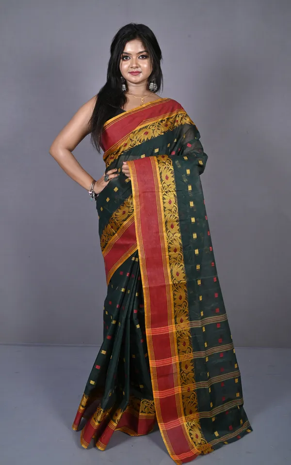 Matta_Border_With_Lotus_And_Paisley_Nakshi_Work_Bengal_Tangail_Hazar_Butti_Cotton_Saree_In_Bottle_Green_Red_Brown_And_Golden_Yellow