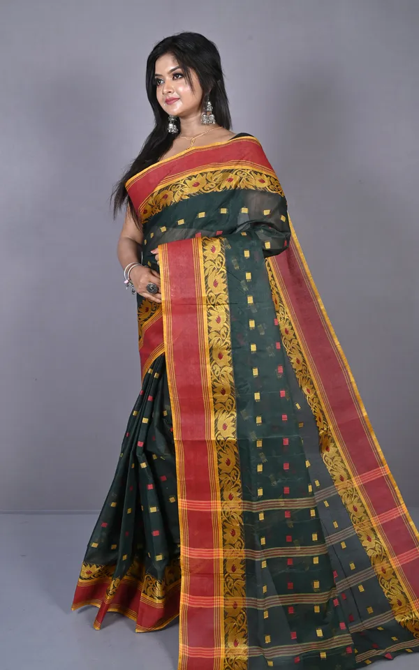 Matta_Border_With_Lotus_And_Paisley_Nakshi_Work_Bengal_Tangail_Hazar_Butti_Cotton_Saree_In_Bottle_Green_Red_Brown_And_Golden_Yellow