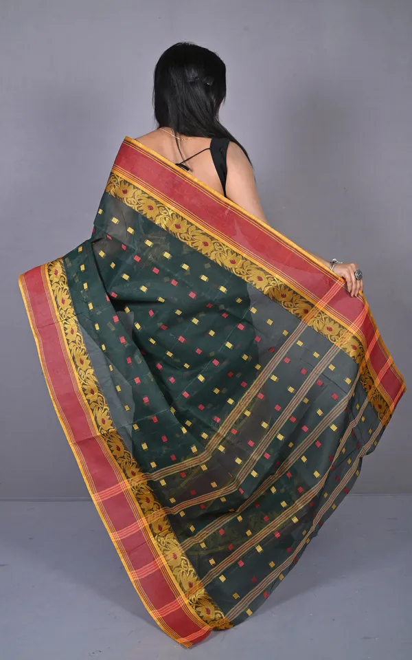 Matta_Border_With_Lotus_And_Paisley_Nakshi_Work_Bengal_Tangail_Hazar_Butti_Cotton_Saree_In_Bottle_Green_Red_Brown_And_Golden_Yellow