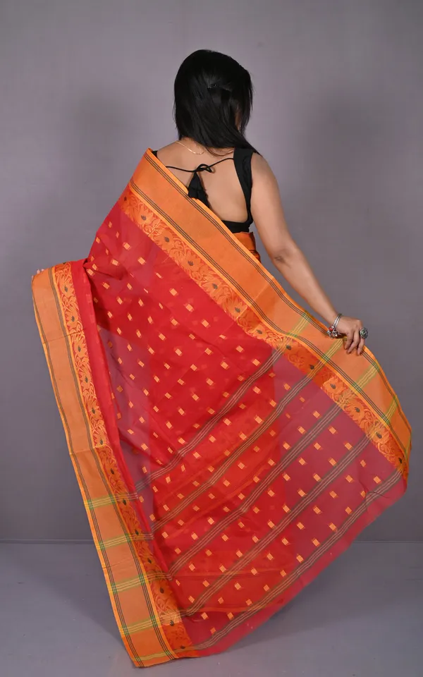 Matta_Border_With_Lotus_And_Paisley_Nakshi_Work_Bengal_Tangail_Hazar_Butti_Cotton_Saree_In_Red_Green_And_Orange