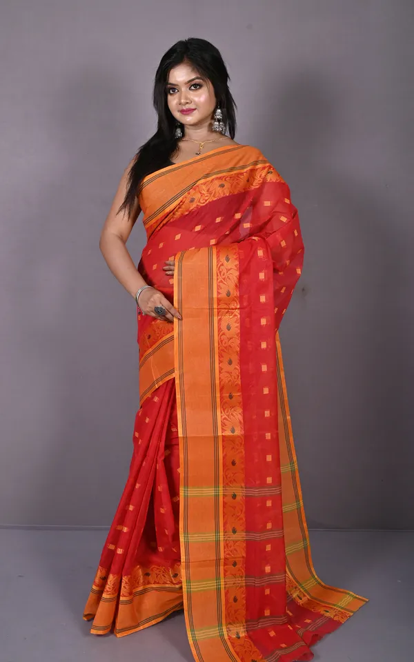 Matta_Border_With_Lotus_And_Paisley_Nakshi_Work_Bengal_Tangail_Hazar_Butti_Cotton_Saree_In_Red_Green_And_Orange