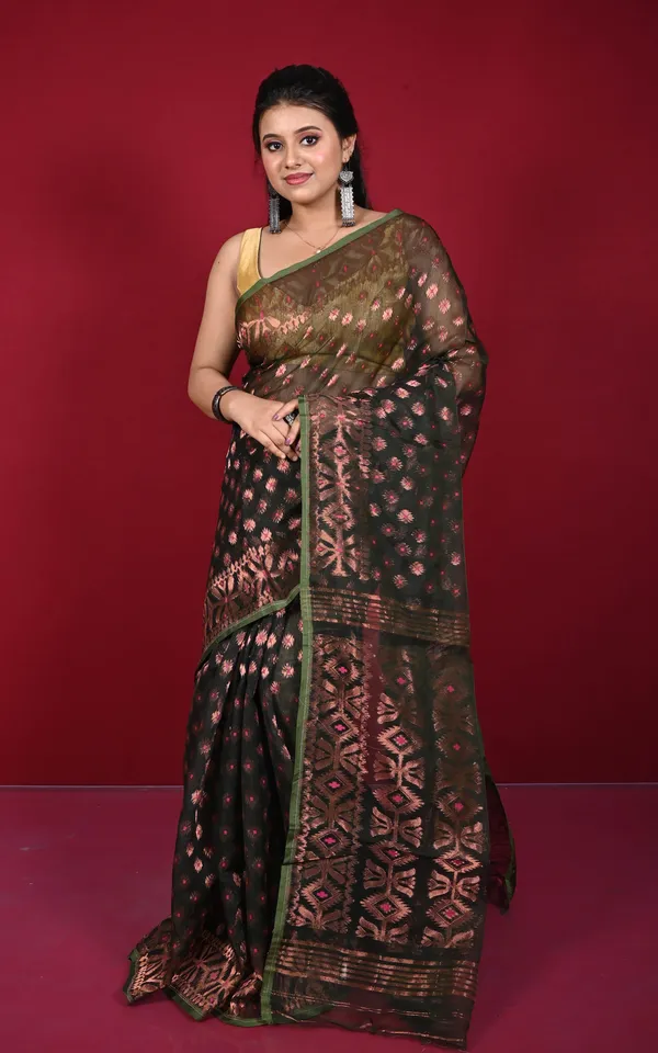 Soft_Zari_Brocade_Dhakai_Jamdani_Saree_In_Black_Hot_Pink_Green_And_Copper