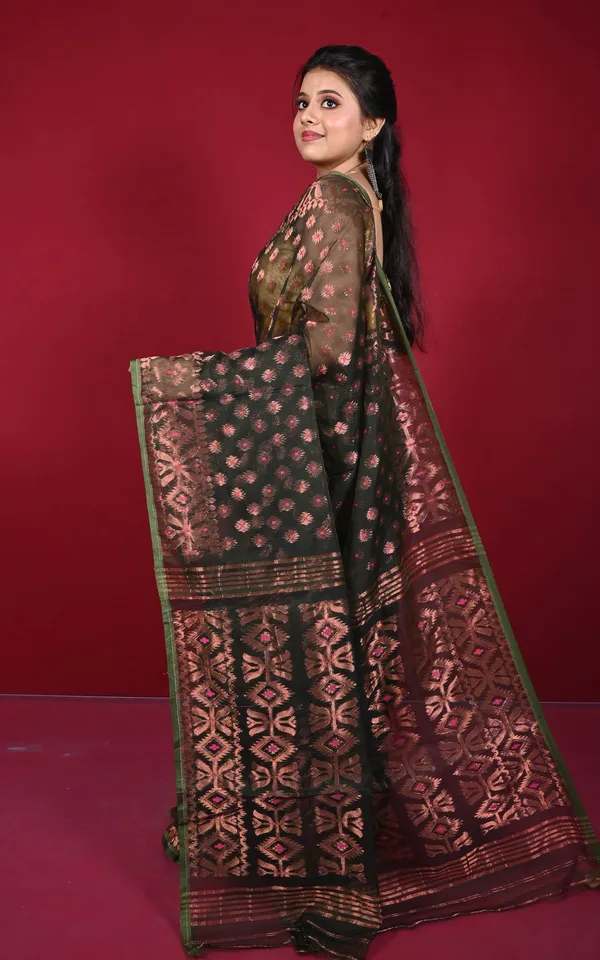 Soft_Zari_Brocade_Dhakai_Jamdani_Saree_In_Black_Hot_Pink_Green_And_Copper
