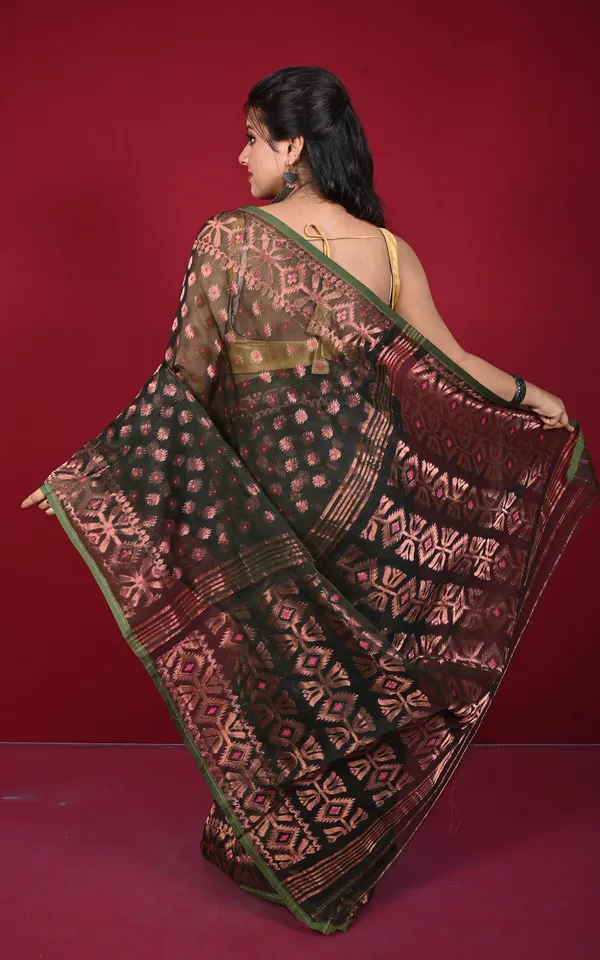Soft_Zari_Brocade_Dhakai_Jamdani_Saree_In_Black_Hot_Pink_Green_And_Copper