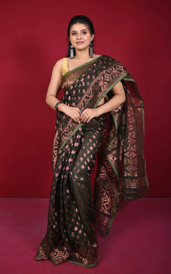 Soft_Zari_Brocade_Dhakai_Jamdani_Saree_In_Black_Hot_Pink_Green_And_Copper