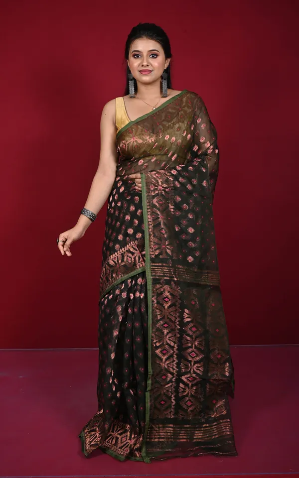 Soft_Zari_Brocade_Dhakai_Jamdani_Saree_In_Black_Hot_Pink_Green_And_Copper