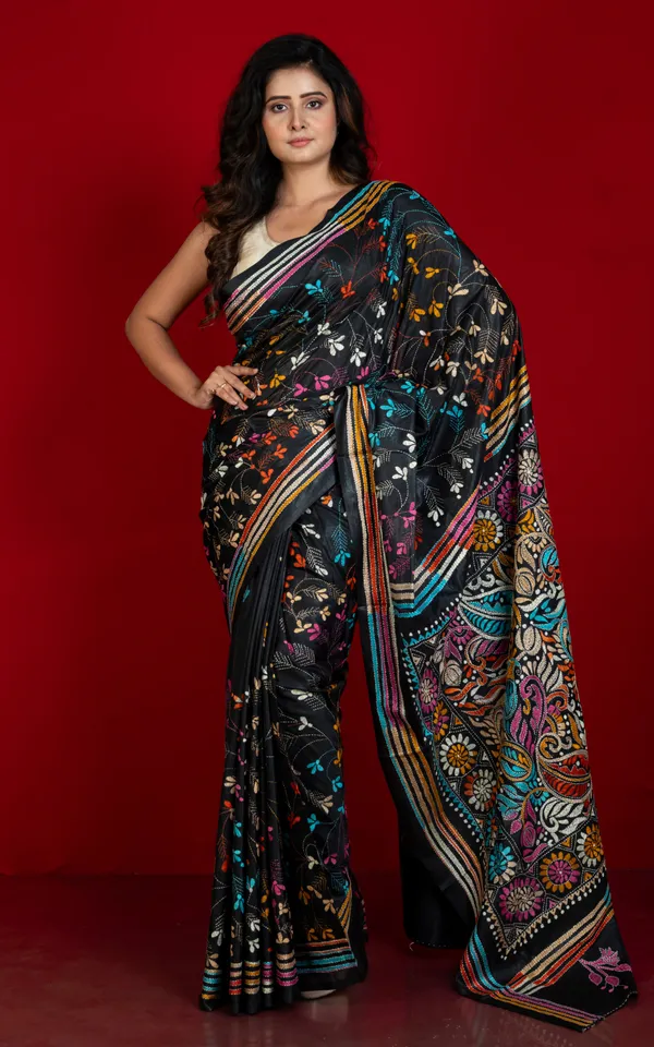 Hand_Embroidery_Blended_Silk_Kantha_Work_Saree_In_Onyx_Black_And_Multicolor_Thread_Work