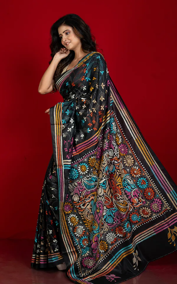 Hand_Embroidery_Blended_Silk_Kantha_Work_Saree_In_Onyx_Black_And_Multicolor_Thread_Work
