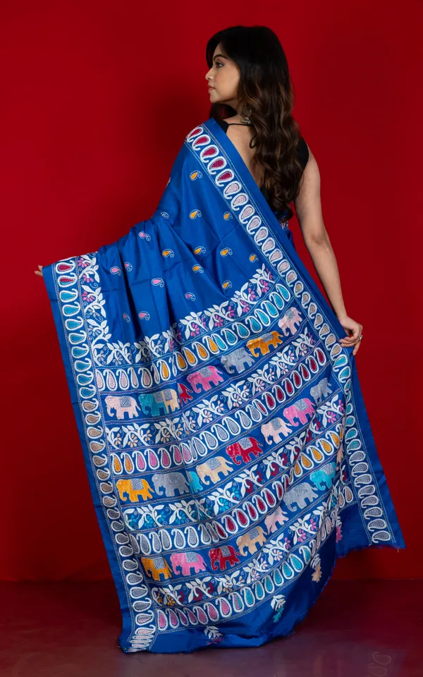 Hand_Embroidery_Blended_Silk_Kantha_Work_Saree_In_Medium_Teal_Blue_And_Multicolor_Thread_Work