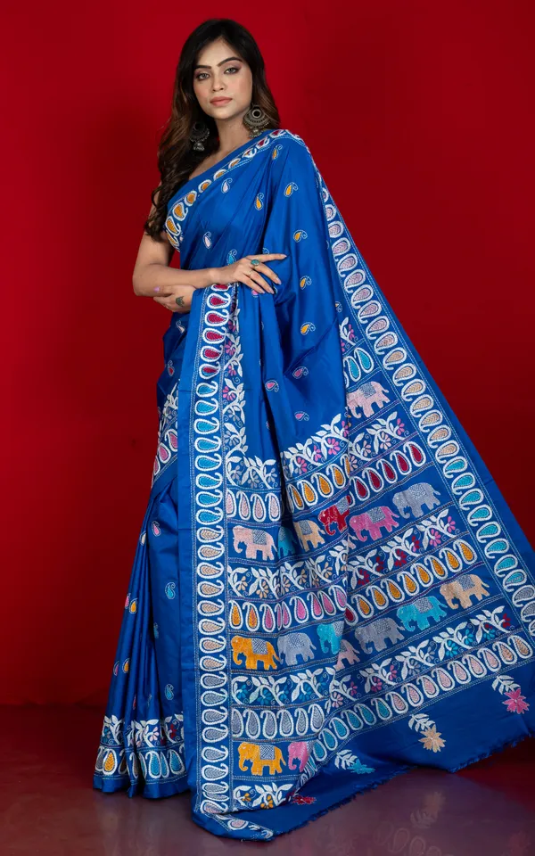 Hand_Embroidery_Blended_Silk_Kantha_Work_Saree_In_Medium_Teal_Blue_And_Multicolor_Thread_Work