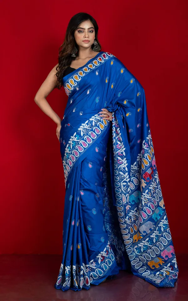 Hand_Embroidery_Blended_Silk_Kantha_Work_Saree_In_Medium_Teal_Blue_And_Multicolor_Thread_Work